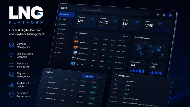 The LNG Platform dashboard: a dark content-management interface with channel, content, playlist and hours counters over sparklines, a recent-content table and a world map of live channels